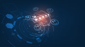 Illustration mit fünf Sternen und Smileys als Symbole für digitale Feedback- und Bewertungssysteme auf blauem Hintergrund.