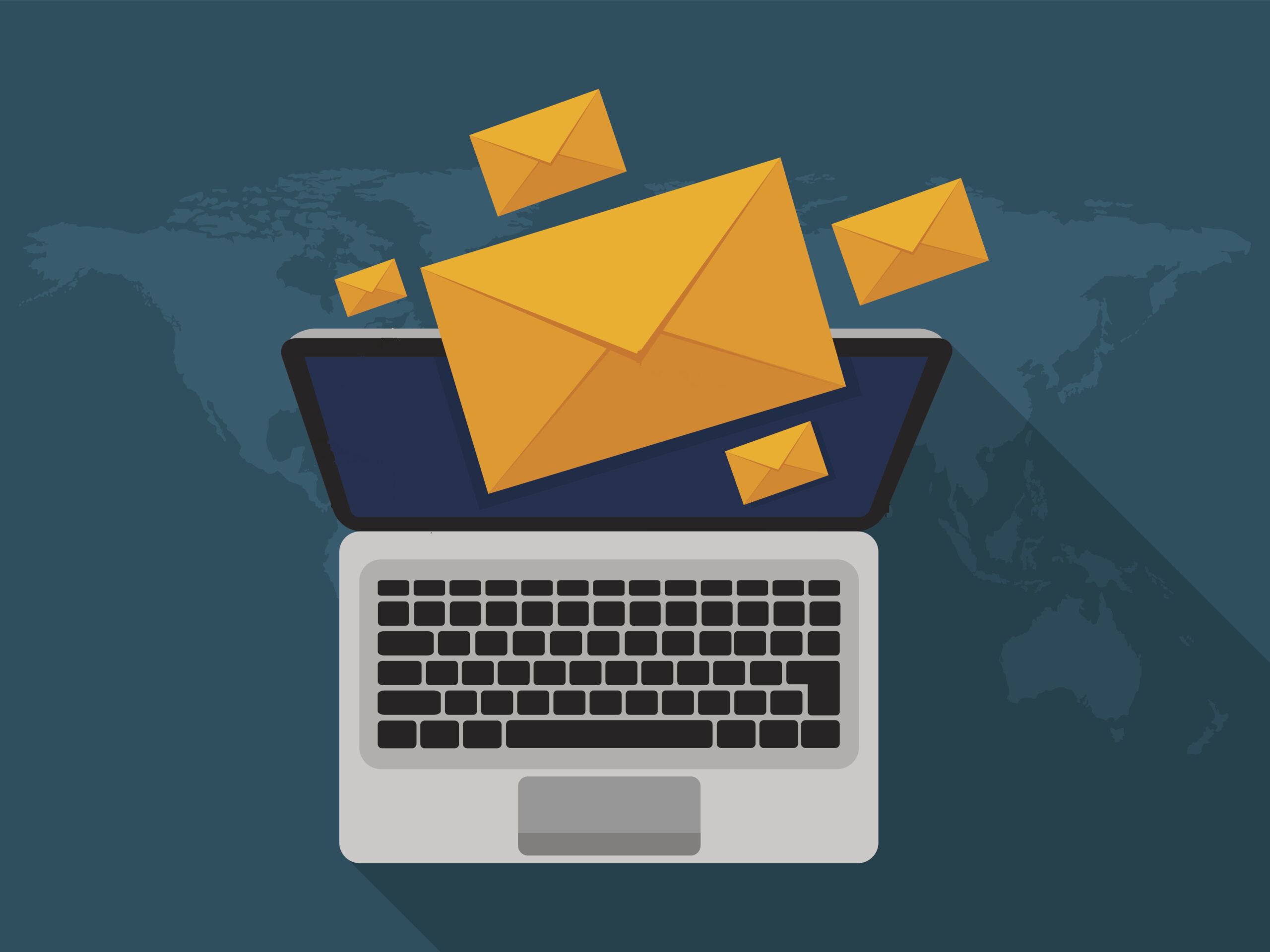 Illustration eines Laptops, aus dem mehrere gelbe Briefumschläge als Symbol für E-Mails herausfliegen.