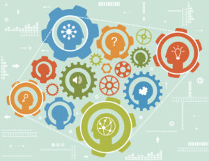 Bunte Zahnräder mit Symbolen von Köpfen und Piktogrammen wie Fragezeichen, Glühbirne, Schlüssel und Netzwerk.