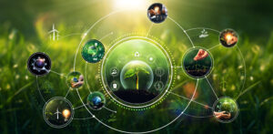 Ein junges grünes Pflänzchen wächst aus dunkler Erde in einer hellen, grünen Umgebung. Um das Pflänzchen sind transparente Kreise mit Symbolen für Nachhaltigkeit, erneuerbare Energien, Recycling und Umweltschutz angeordnet. Kleine Bilder zeigen Hände, die Pflanzen halten oder Samen säen, sowie Windräder und Solarpaneele im Hintergrund.