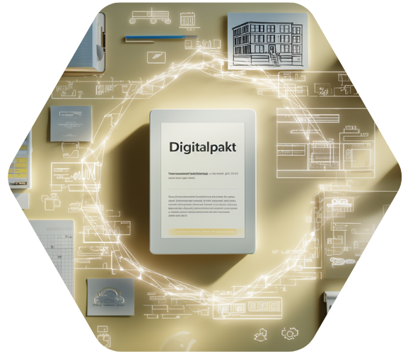 Tablet mit der Aufschrift „Digitalpakt“, umgeben von grafischen Symbolen für digitale Infrastruktur, Bildungseinrichtungen und vernetzte Technologien auf hellem Hintergrund.
