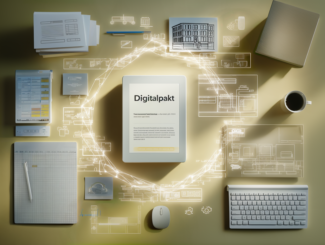 Draufsicht auf einen Schreibtisch mit E-Reader „Digitalpakt“ in der Mitte, umgeben von Notizblock, Tastatur, Maus, Kaffeetasse und Dokumenten; darüber leuchtende Skizzen von Grundrissen und digitalen Interfaces als Symbol für Schul-Digitalisierung.