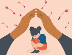 Trauriges Kind unter schützenden Händen, umgeben von roten Pfeilen.