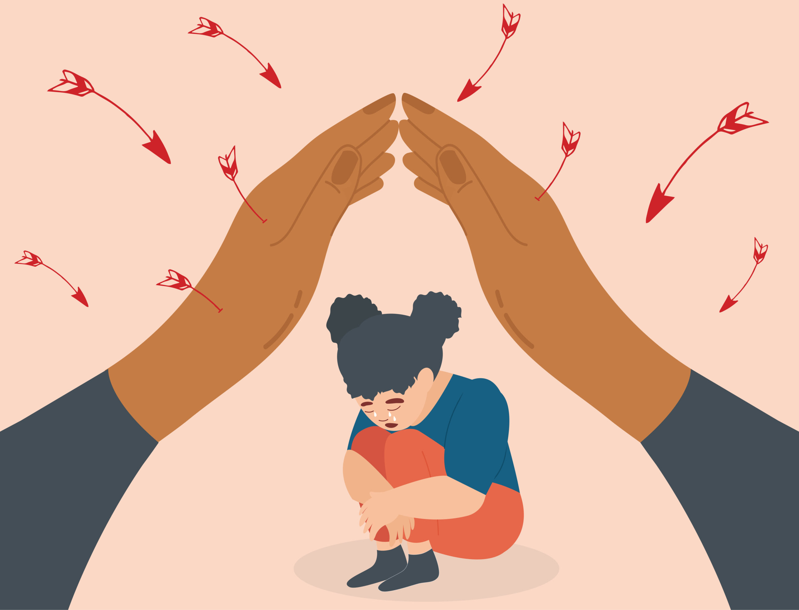 Trauriges Kind unter schützenden Händen, umgeben von roten Pfeilen.