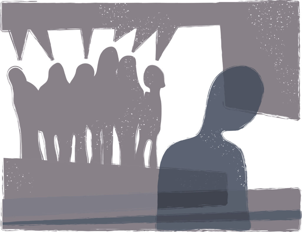 Illustration einer einzelnen Person im Vordergrund, die einer Gruppe von silhouettenhaft dargestellten Jugendlichen gegenübersteht; Sprechblasen deuten auf abwertende oder ausgrenzende Äußerungen hin.