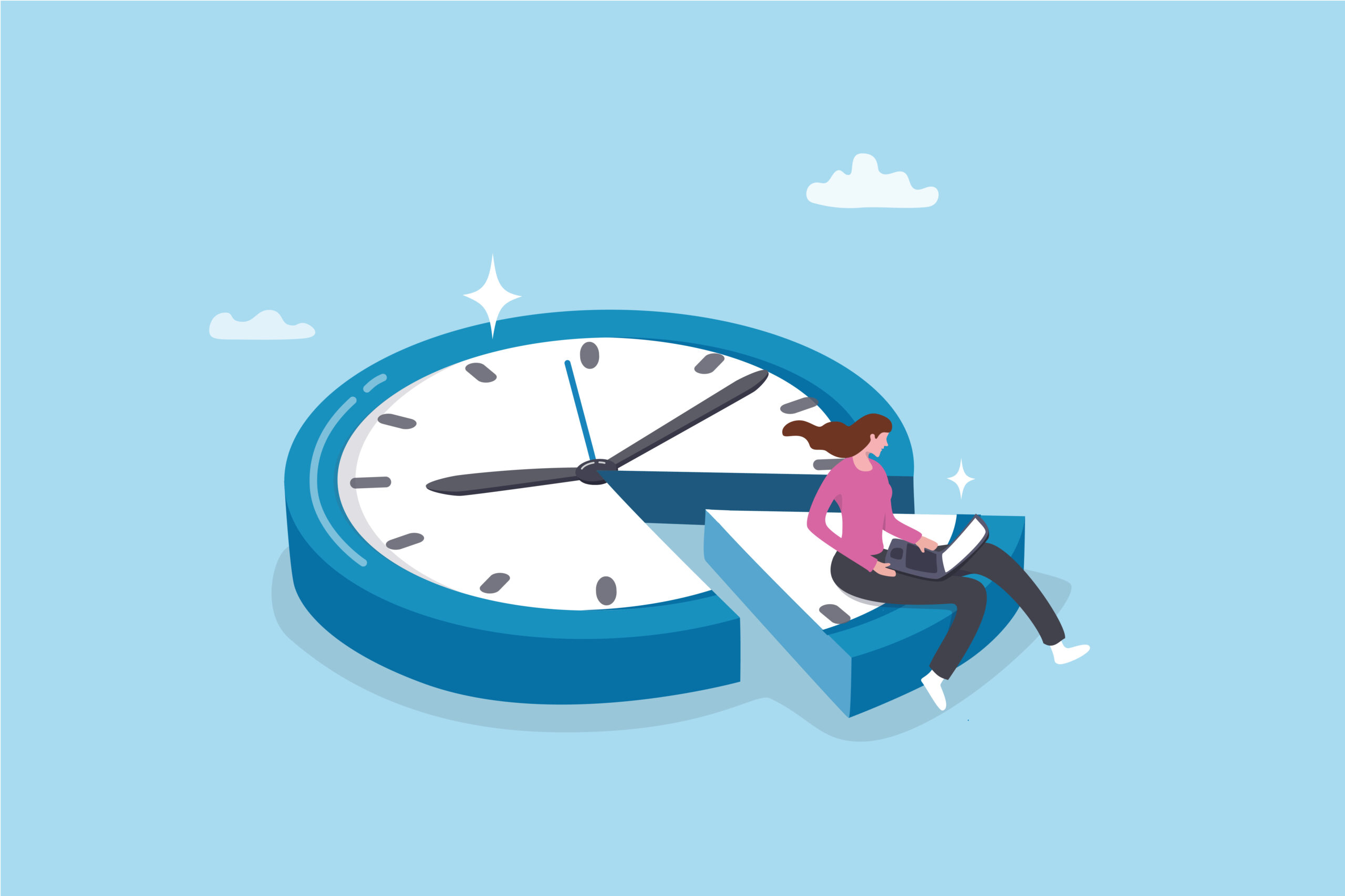 Illustration einer Frau mit Laptop, die auf einem herausgezogenen Segment einer großen Uhr sitzt.