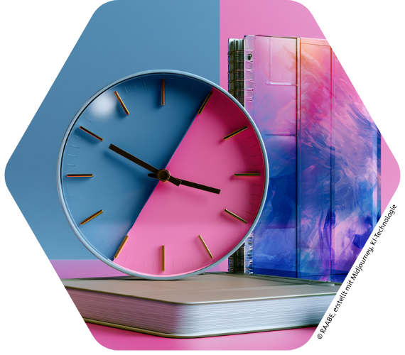 Uhr, Bücher, Stift und Kreide vor blau-rosa Hintergrund.