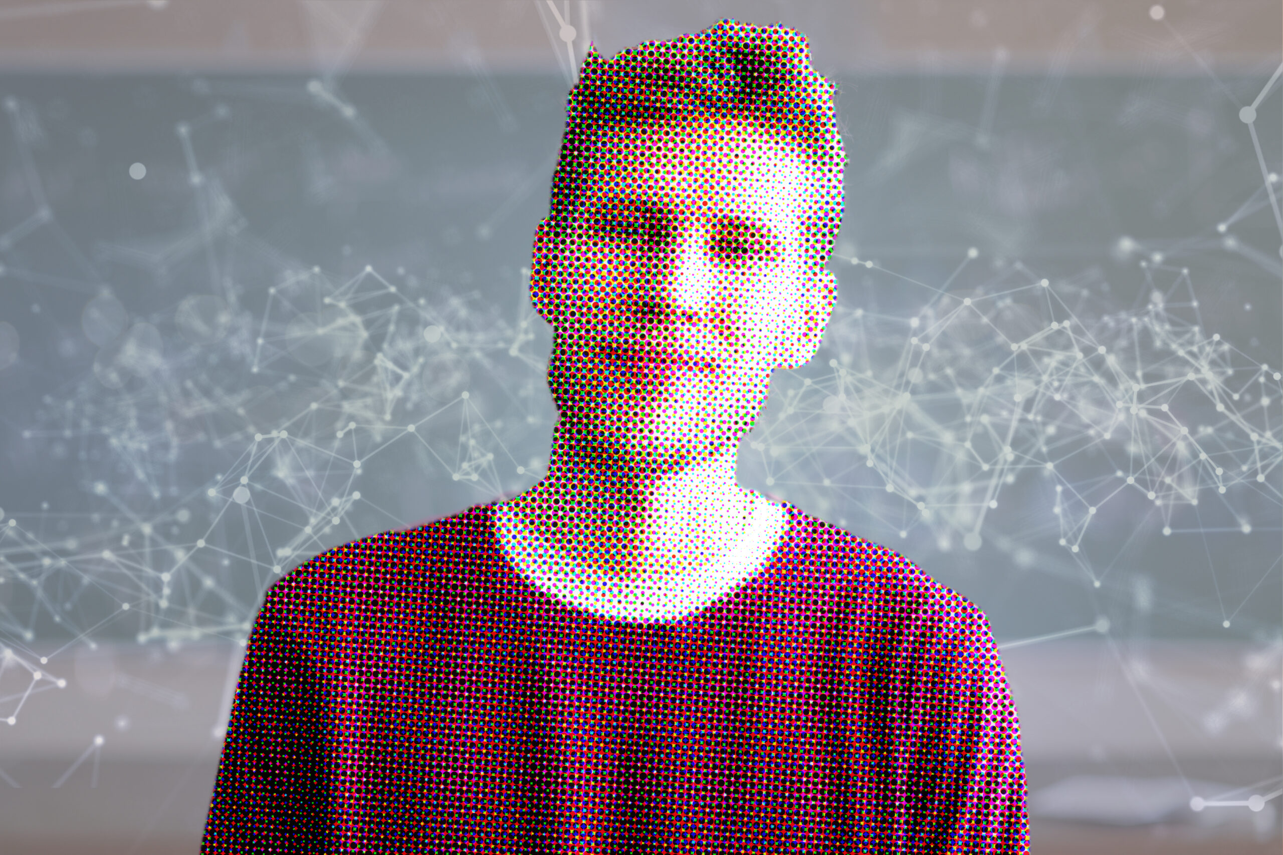Stilisierte Person mit digitalem Punktraster vor einem vernetzten, unscharfen Hintergrund.
