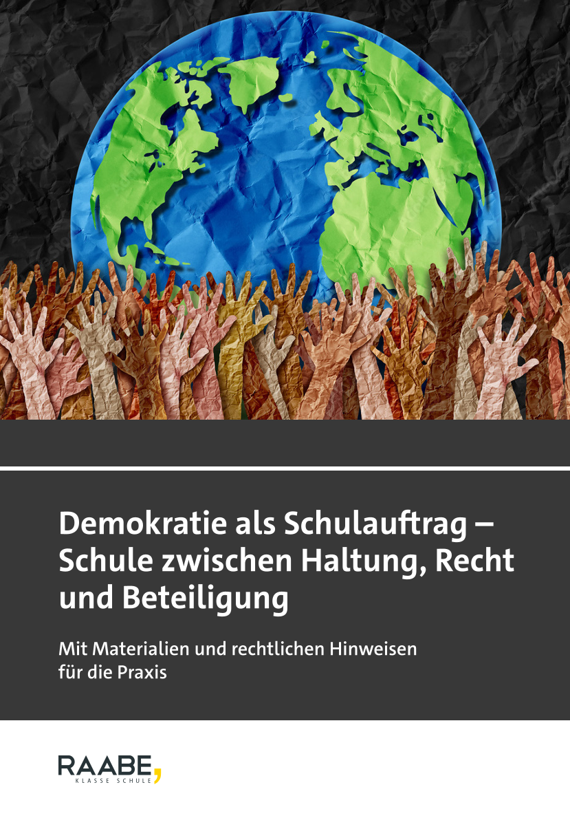 Buchcover „Demokratie als Schulauftrag“ mit Weltkugel und erhobenen Händen.