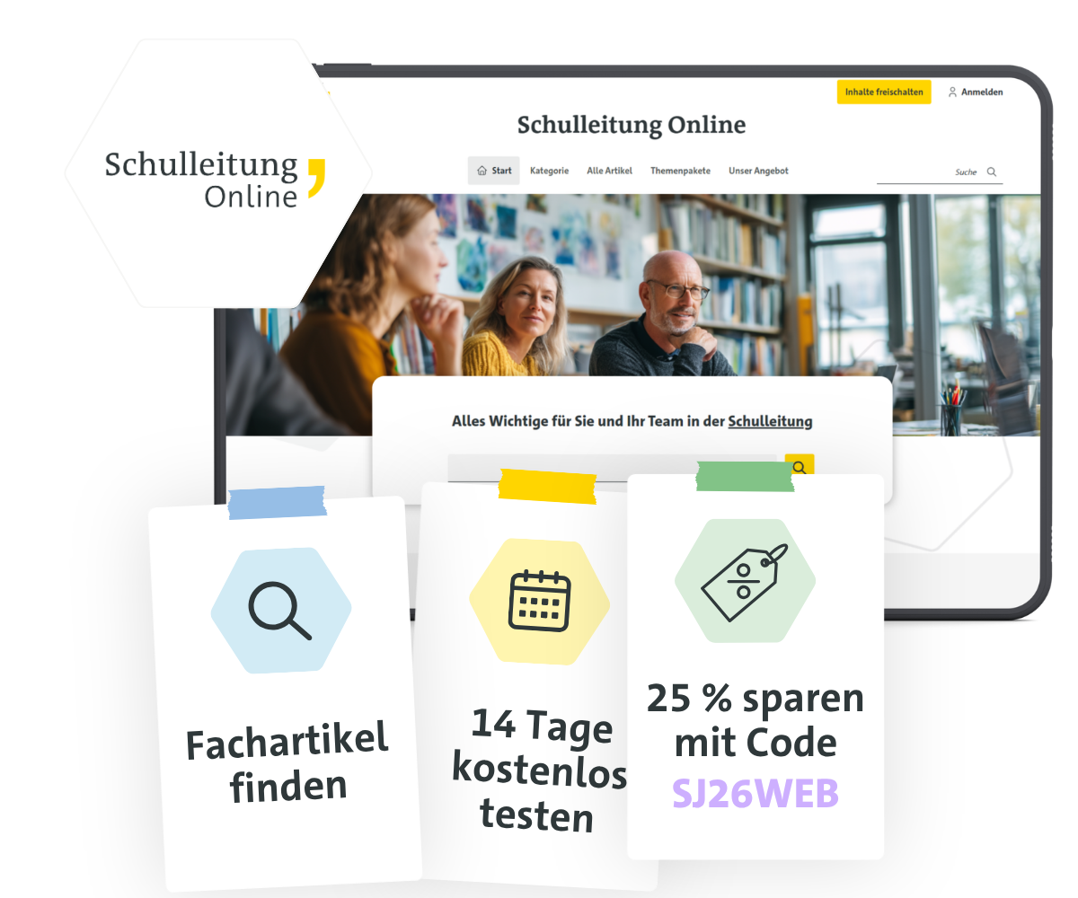 Werbegrafik für Schulleitung Online mit Laptopansicht und drei Karten zu Fachartikeln, Testphase und Rabattcode.