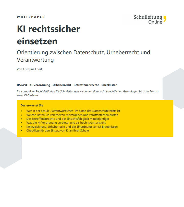 Titelseite des Whitepapers „KI rechtssicher einsetzen – Orientierung zwischen Datenschutz, Urheberrecht und Verantwortung“ von Christine Ebert. Titelseite des Whitepapers „KI rechtssicher einsetzen – Orientierung zwischen Datenschutz, Urheberrecht und Verantwortung“ von Christine Ebert.