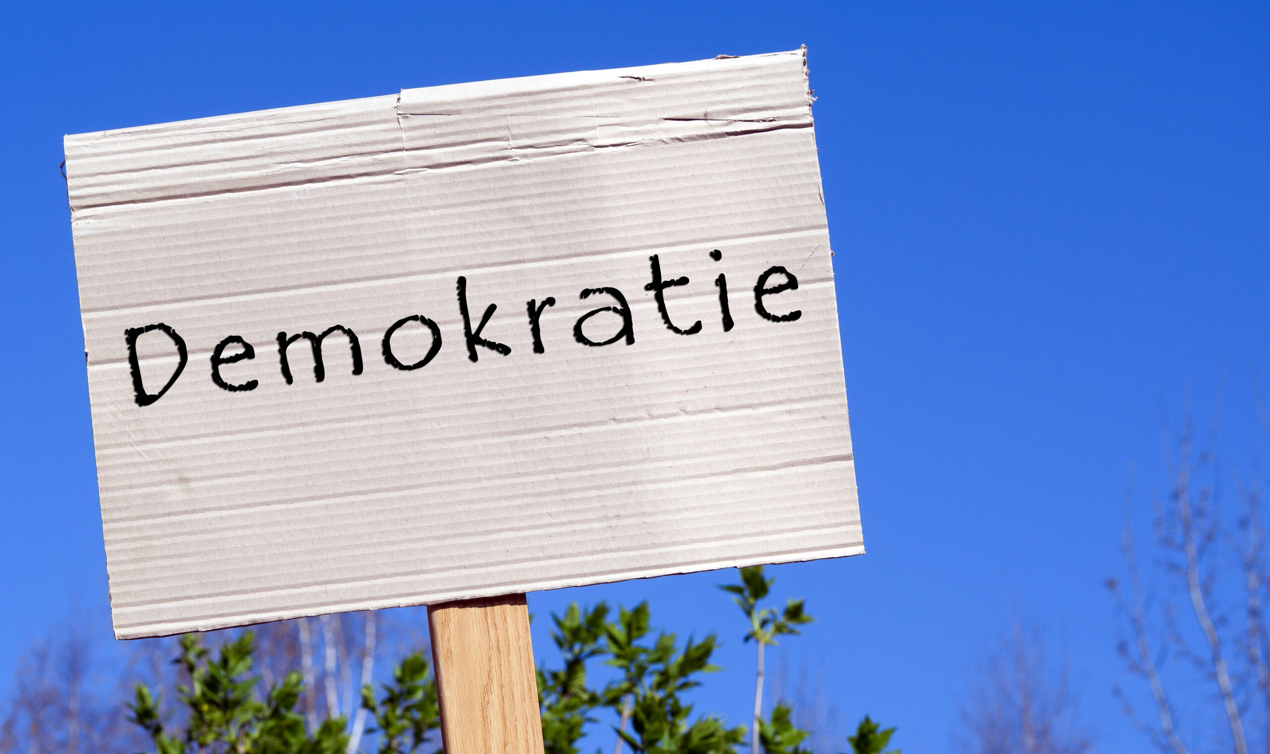 Eine Hand hebt ein Schild mit Aufschrift "Demokratie" Eine Hand hebt ein Schild mit Aufschrift "Demokratie"