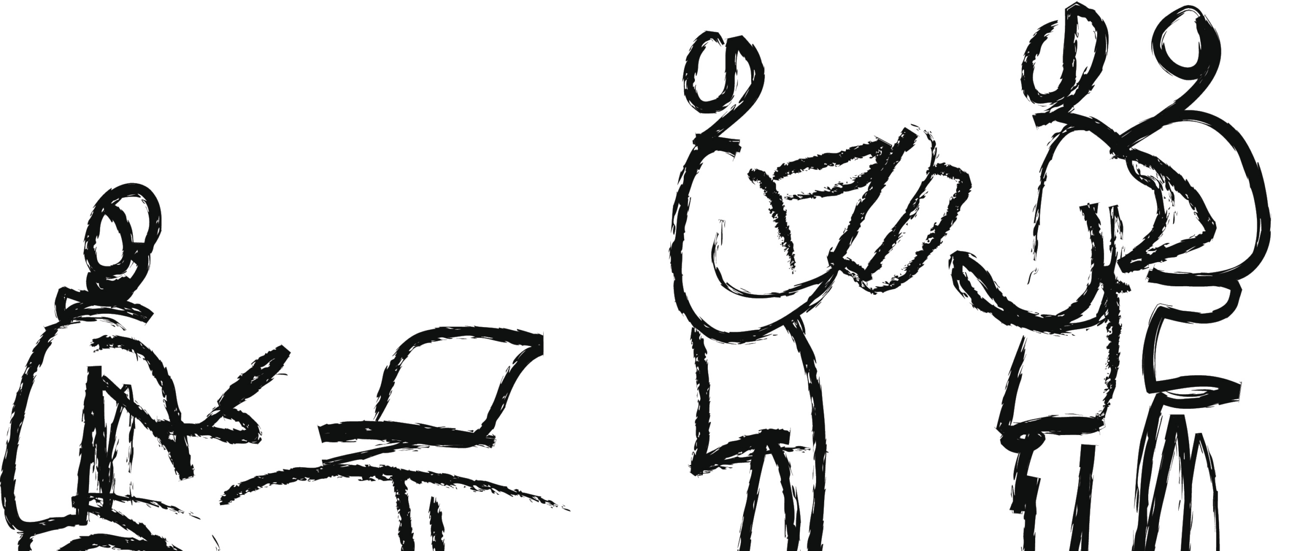 Strichzeichnung von Menschen am Schreibtisch sitzend und stehend im Gespräch Strichzeichnung von Menschen am Schreibtisch sitzend und stehend im Gespräch